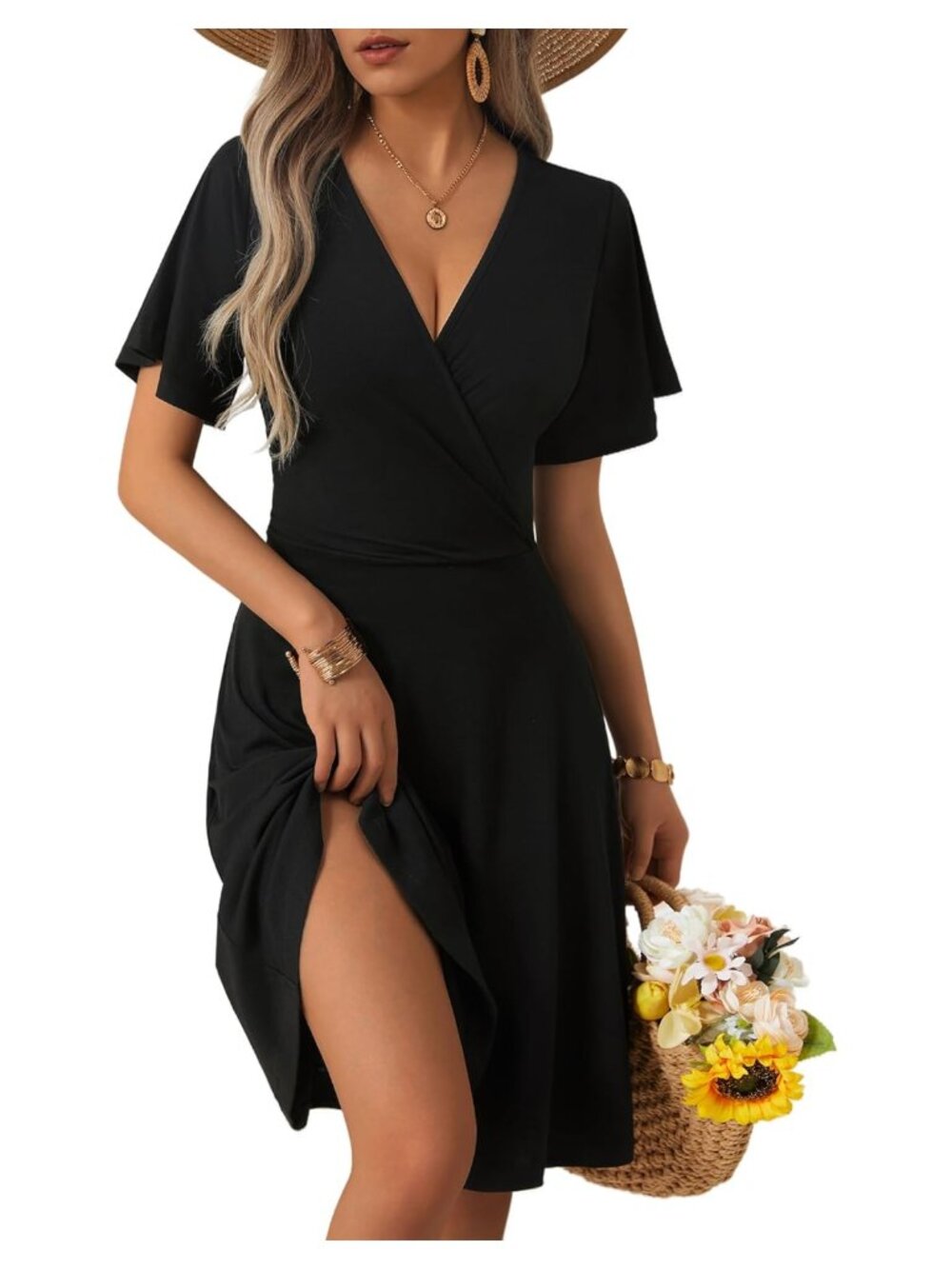 Faux Wrap V Neck Ruffle Sleeve A-Line Flowy Midi Dress